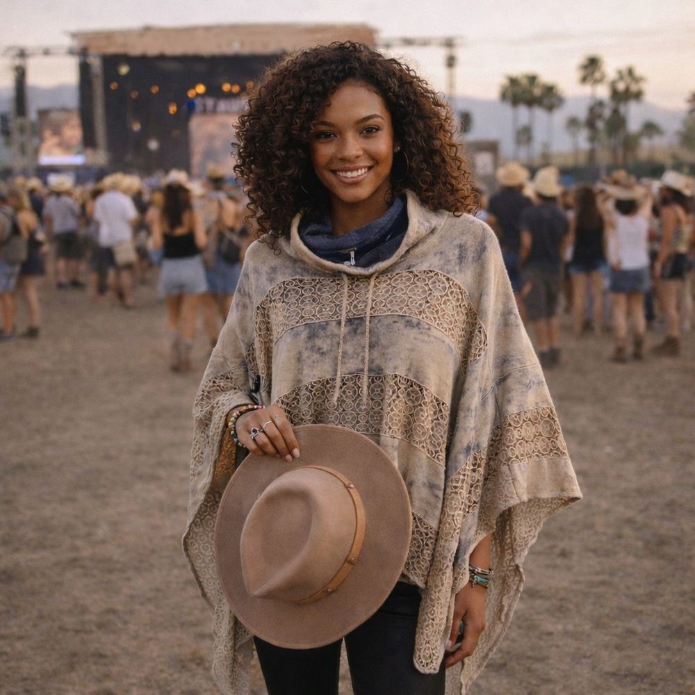 Free People Mama Crochet Marled Tie-dye French Terry Cowl Neck Poncho Large NEW‎